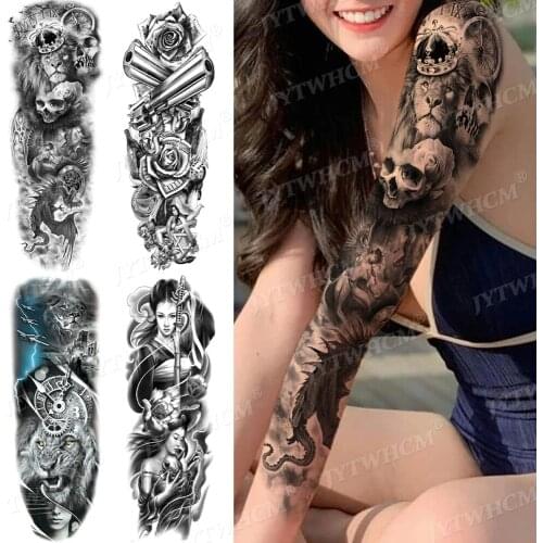 Temporary Tattoos Black Large Full Arm Fake Tattoo Sleeves Waterproof Stickers Water Transfer Skull Totem Gun Flower Art Tatto