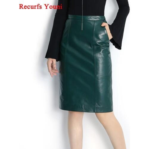 RYS8345 Winter NEW OL Genuine Leather Midi Long Wrap Skirt Ladies Elegant Simple Dark Green/Black/Pink/Blue Sexy Jupe Mujer Saia