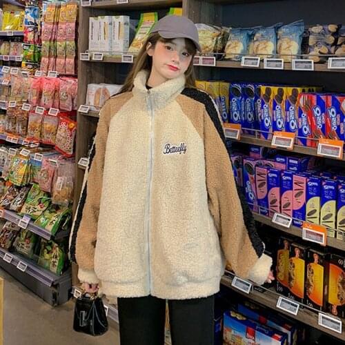 Printed jacket female lamb wool coat 2020 winter Korean casual loose preppy style Kawaii patchwork plus velvet thick coat trend