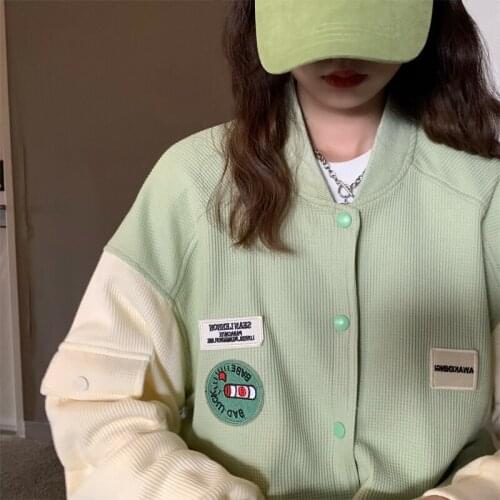 Women Sweatshirt Waffle Long Sleeve Pocket Spring Autumn Korean Fashion Contrast Color Outerwear Female Coat