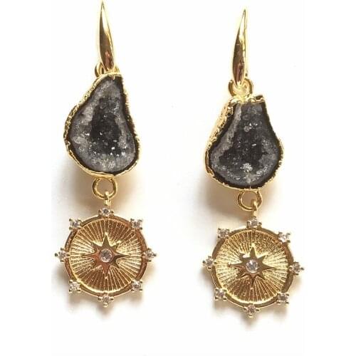 FUWO Natural Druzy Geode Earrings With Gold Constellation Cubic Zircon Charm Adorn For Women Gifts Jewelry ER052