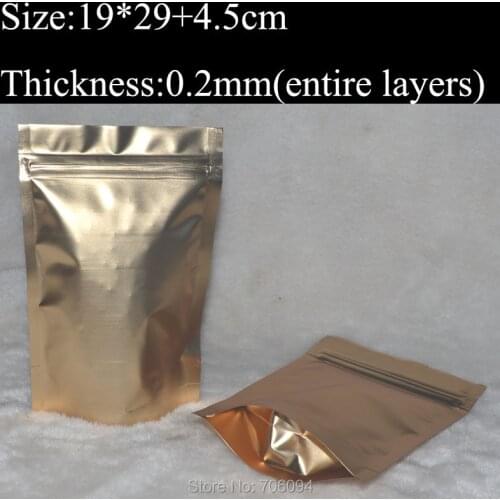 19x29+4.5cm/7.5''x11.4'',100pcs/lot, Gold Metallic Aluminum Ziplock Stand up Foil Zip lock Pouch Bag,Gold plastic Bag
