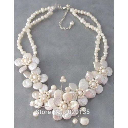 2rows white freshwater pearl coin flower and baroque necklace 18inch wholesale beads FPPJ FPPJ