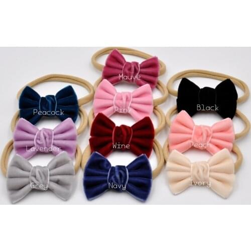 20pcs/lot Handtied Velvet Bow Headband Solid Cute Elastic Nylon Bow Hair Clips Infant Hair Accessory