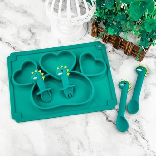 5pcs Baby Silicone Learn Dinner Plate Dinosaur Cartoon Soft Spoon Feeding Training Utensils Children Tableware Set