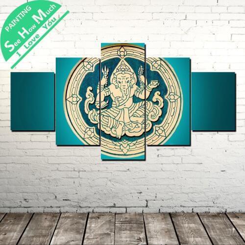 5 Piece Blue Ganesh Lord Canvas Painting Wall Art Pictures Prints on Canvas Home Decor Wall Poster Decoration for Bedroom