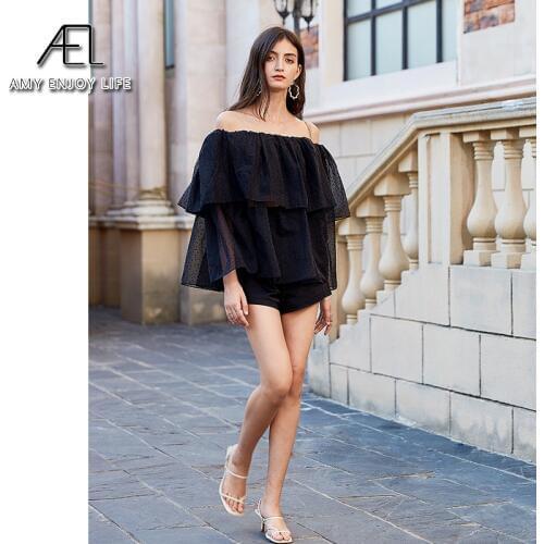 AEL Summer Ladies Black Chiffon Blouses Women sexy Tulle off shoulder tops loose fashion ruffle Solid dot top