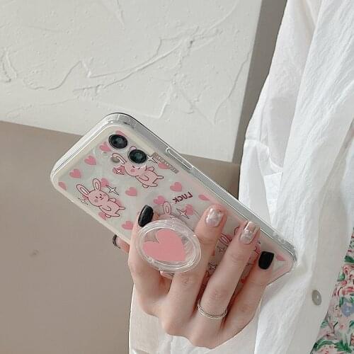 INS Korean love stand phone Case For iphone 6s 7 8 Puls X XR XSMAX 12MINI 11pro Max SE cute pink rabbit transparent soft Cove