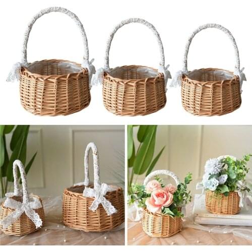Fresh Rattan Storage Basket Picnic Flower Girl Gifts Wicker Flower Pot Hand-woven Lace Bow Decoration Planters For Desktop