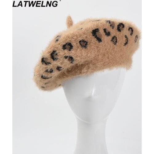 2021 Leopard Knitted Beret For Women Fashion Plush Fleece Painter Hat Stretch Winter Warm Hats Ladies party Flat Hats Wholesale