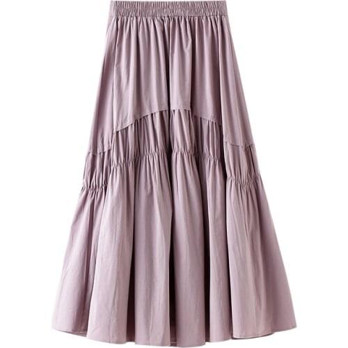 Summer Skirts Womens 2021 Young Preppy Style Elastic High Waist A-Line Cotton Long Skirt Original Design Female Shirring Falda