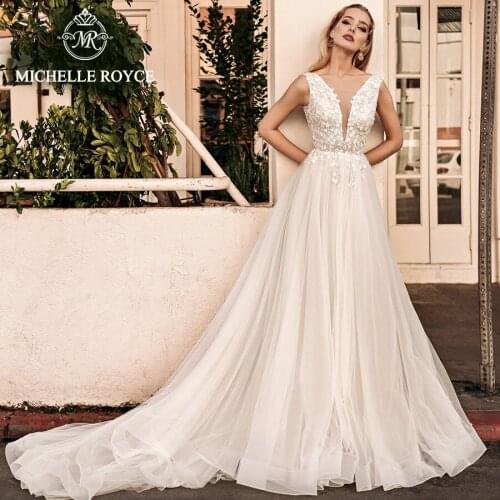 Michelle Royce A-Ling Wedding Dresses 2020 Sexy Deep V-Neckline sleeveless Appliques Chapel Train Bridal Gowns Vestido De Noiva
