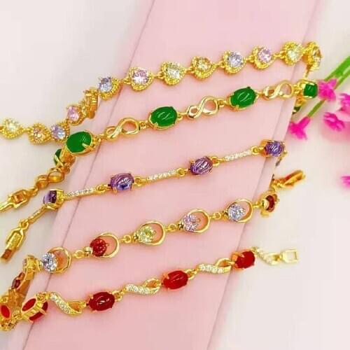 New Boutique Brass Gold-Plated Inlaid Colorful Gemstone Bracelet, Gold Jewelry Source, Ladies Bracelet