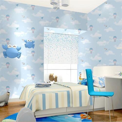 Beibehang hot air balloon bear paper plane children room wallpaper blue sky white clouds pink balloon boy girl bedroom wallpaper