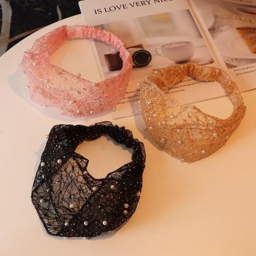 Pink Lace Openwork Pearl Beads Headband Ladies Elastic Hair Band Accessories Wide Stretchy Turban Women Fashion Headwrap Bandana