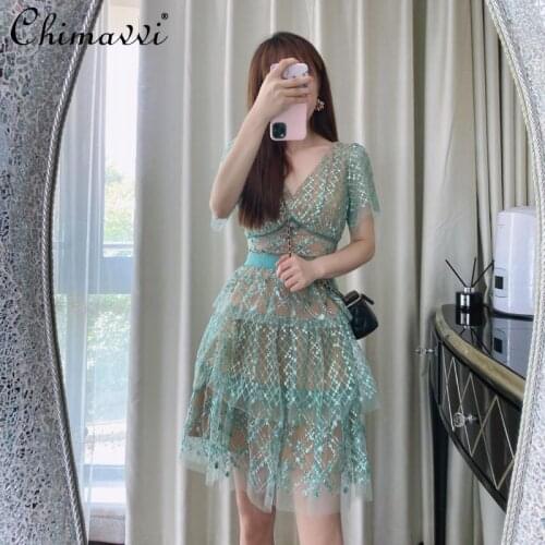 SP French Retro Green Mesh Lace Sequins Cake Dress 2021 Summer New High Waist Slim-Fit Dress Short Temperamental Mini Dress