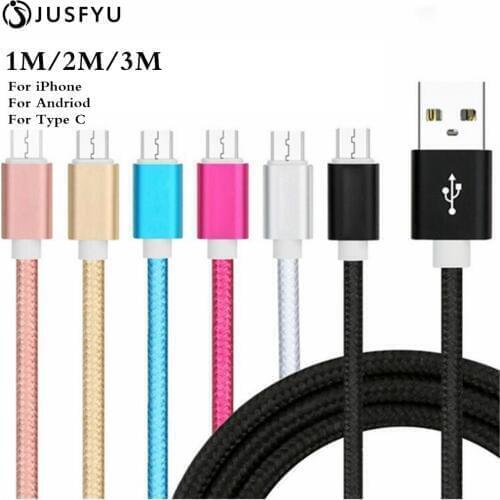 Nylon Plating USB Cable Charger Charging Line Data Transfer Sync Cord for iPhone Lighting Type C Android Mobile Phone 1m/2m/3m