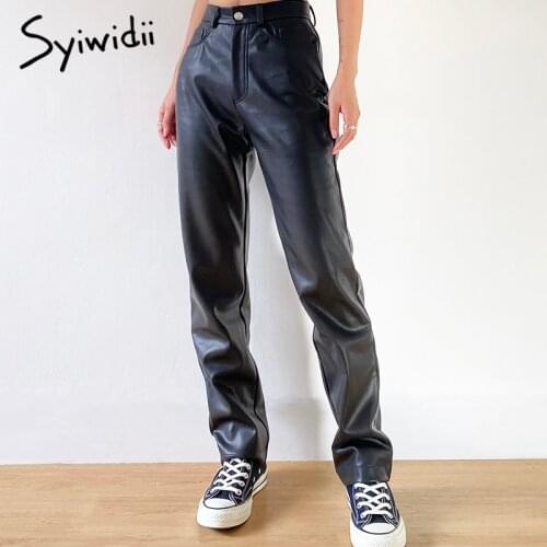 Syiwidii Vintage Streetwear Pants for Women 2021 Fall Winter Fashion New High Waist Tight Trouser Black Button Up Straight Pants
