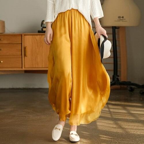 Johnature 2021 Women Wide Leg Pants Solid Color Chiffon Casual Elastic Waist Loose All-match Cotton Linen Vintage Elegant Pants