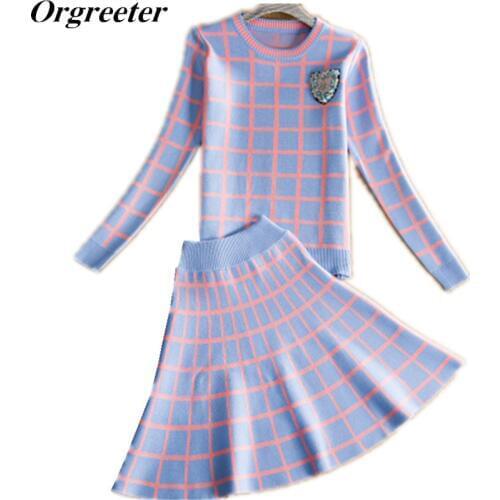 2020 New Knit Long-sleeve Sweater Skirt Suits Women Sweet Beads Collar Knit Crochet grid Crop Top A-line Skirt Womens 2pcs Set