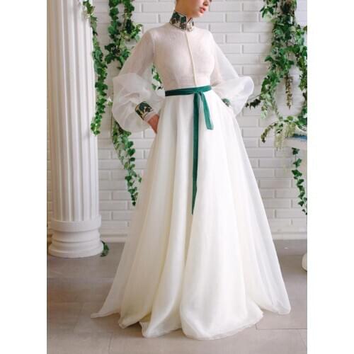 SSYFashion New Luxury Banquet Evening Dress Stand Collar Long Lantern Sleeve Lace Beading Floor-length Prom Formal Gown Vestidos