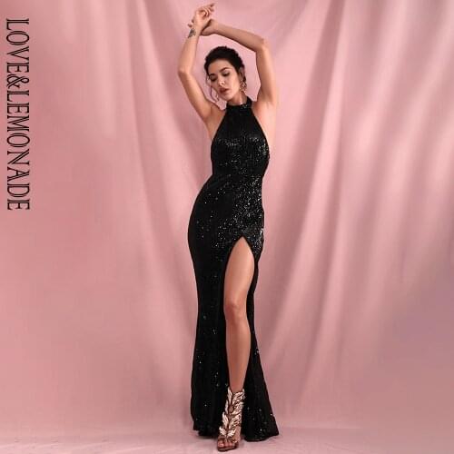 LOVE&LEMONADE Sexy Black Halter Open Back Bodycon Elastic Sequins Whit Split Party Maxi Dress LM80492-1