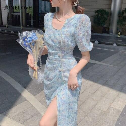 JuneLove 2021 Summer Vintage Floral Print Pearl Deails Side Split Slim Dress Short Puff Sleeve Cheongsam Party Dress Vestidos