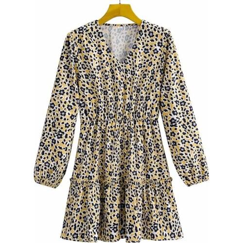 YENKYE Vintage Floral Print Dress Women Long Sleeve V Neck Elastic Waist Casual Dress Female A-line Short Vestido