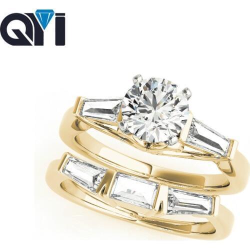 QYI 14K Yellow Gold Three Stone Engagement 1ct Ring Sets Round Cut Sona Simulated Diamond Jewelry Wedding Rings For Women
