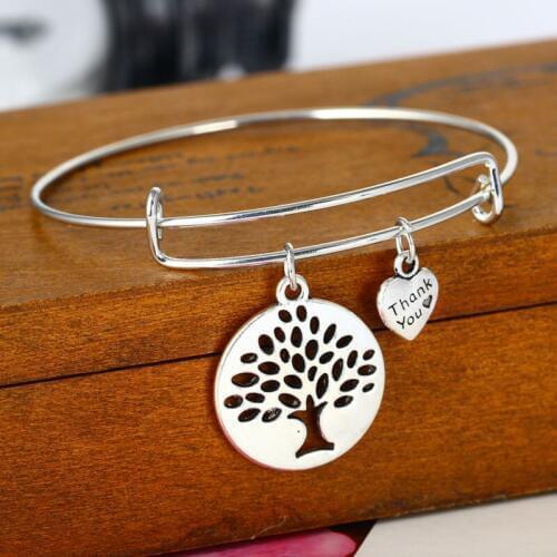 Bespmosp 12PCS/Lot Wholesale Trendy Hollow Tree of Life Wire Adjustable Expandable Heart Pendant Bangle Bracelet Charm Jewelry