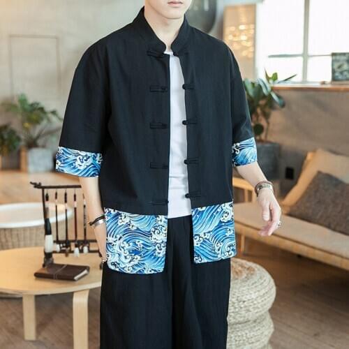 Mens Baggy Cotton Blend Solid Color Short Sleeve Retro Shirts Tops Blouse Slim Fit Mens Ethnic Stand Collar Large Size 5XL