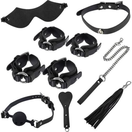 Eco-Friendly PU Leather BDSM Sex Toys Sex Bondage Set Handcuffs Ckles Collar Blindfold Whip Mouth Ball Storage Beat Bag Set