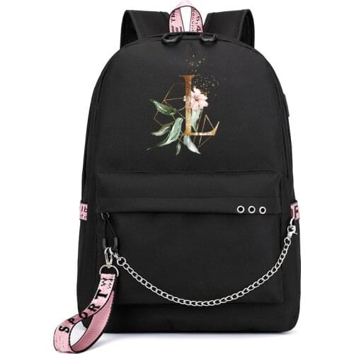 Black 26 Letters Backpack Women Chain Canvas Backpack Student Bookbag for Girls School Bags Usb Charging Port Laptop Travel Bag