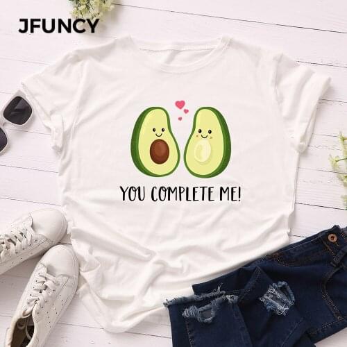 JFUNCY 2020 New 100% Cotton Women T-Shirt Avocado Love Cartoon Print Short Sleeve O-Neck T Shirt Female Cute Summer Tops