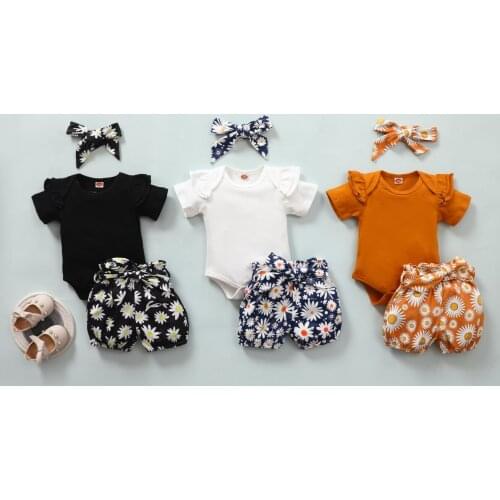 4 Pieces Kids Suit Set, Solid Color Round Collar Short Sleeve Romper+ Floral Print Shorts+ Waistband+ Headband for Summer