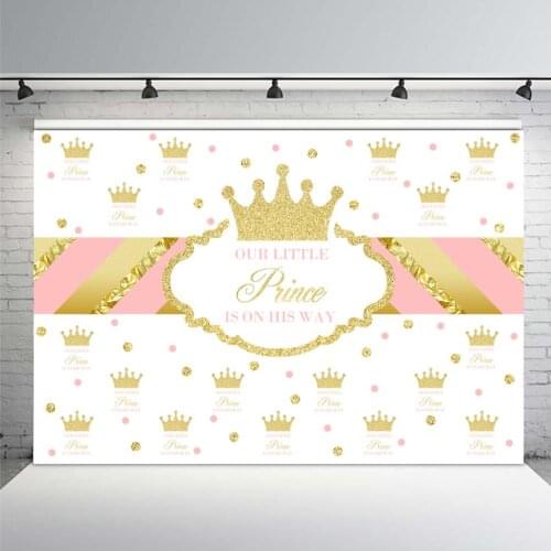 Mehofoto Little Prince Newborn Baby Shower Backdrop for Photography Repeat Gold Crown Pink and Gold Newborn Photo Background
