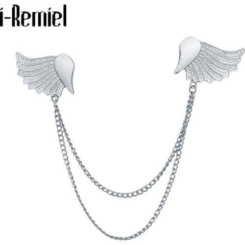 Mens Suit Lapel Pins Simple Gold Silver Color Brooches Double Angel Wings Brooch Shirt Collar Pin Chain Jewelry Accessories