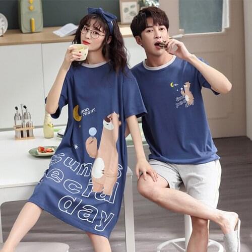 Sweet Lovers Sleepwear Cute Cartoon Summer New 100% Cotton Pajamas Fashion Women Nighty Men Pyjamas Home Suit Home Service