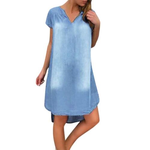 Summer Womens Casual Jeans Dress Fashion Cool V-Neck Denim Long Party Dresses Short Sleeve Swing Dresses roupas femininas