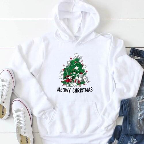 Merry Christmas funny cat tree unisex hoodies pure cotton casual holiday gift party warmer street style pullovers cute hoodie