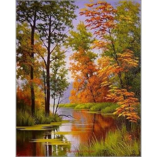 Counted Cross Stitch Kits Needlework Embroidery - Crafts 14 ct Aida DMC Color DIY Handmade Home Decor Forest - Autumn River