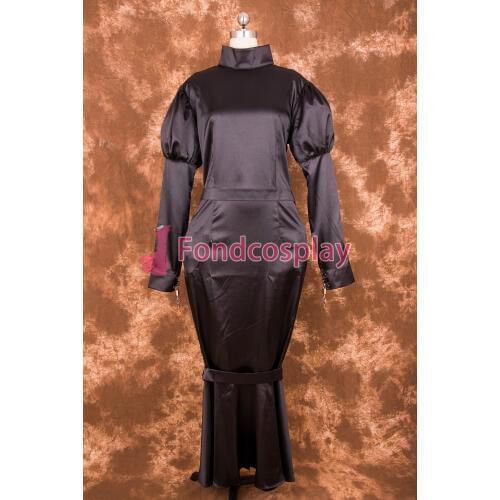 Sexy Lockable Black Satin Sissy Maid Long Tight Dress Cosplay Costume Uniform[S009]