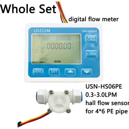 US211M Flow Meter Display with USN-HS06PE Hall Flow Sensor Measurement 0.3-3L/min Range for 4-6mm PE pipe iSentrol Saier