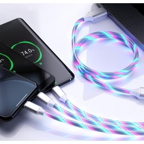 3 in 1 USB Glowing Cable For iPhone Micro USB Type C Fast Charging Wire Cord For Huawei P40 Pro Glow LED Lighting USB C Charger