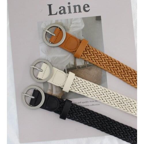 Womens Vintage Braided Leather Belt for Jeans Dress Casual Metal Silvery Buckle Loop Trendy Ladies Thin Waist Belts