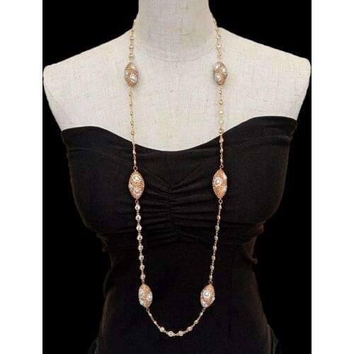 Y·YING Cultured White Pearl Crystal Pave Station Necklace Gold Plated Cz Chain 39"