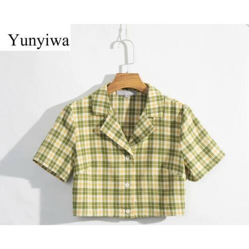 2020 Womens New Slimmed-down Short-sleeved Plaid Shirt Womens Blouse Sexy Party Shirts Tops Clothing Blusas Mujer De Moda