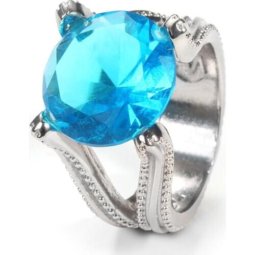 Women Rings Geometric Four Prong Blue Big Stone Rings Silver Plated Couple Wedding Rings Gift for Girlfriend Fashion Jewellery