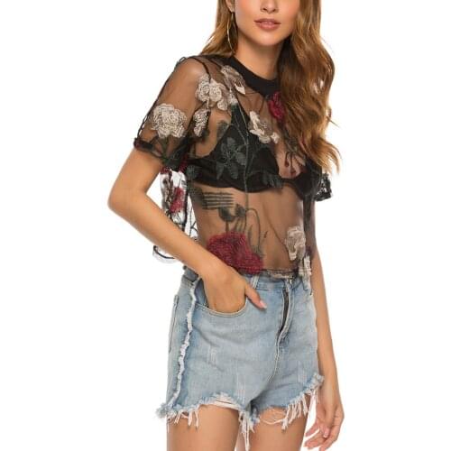Women Sexy See-through Crop Embroidery Tops Summer 2021 Ladies Fashion Black Short Sleeve Round Collar Floral Patterns Tops