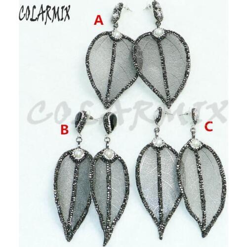 5 pairs natural leaves earrings plated colors leaves jewelry with pearl gems jewelry for women earring gift 9008